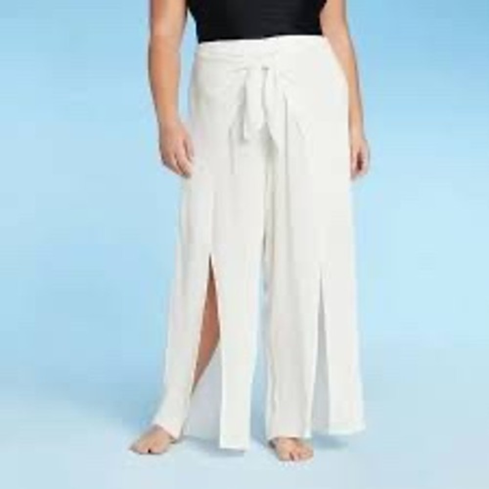 Kona Sol Womens White Wide Leg Side Slit Swim Cover Up Pants 1X NWT